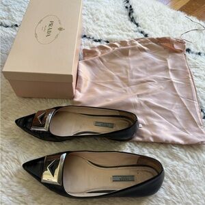 Prada Black Leather Flats with Silver Accent
